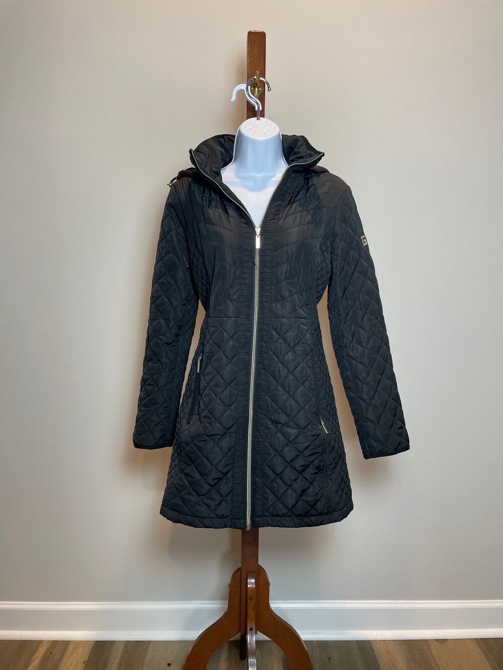 Gallery New York Hooded Quilted Parka Coat Size M Black Polyester